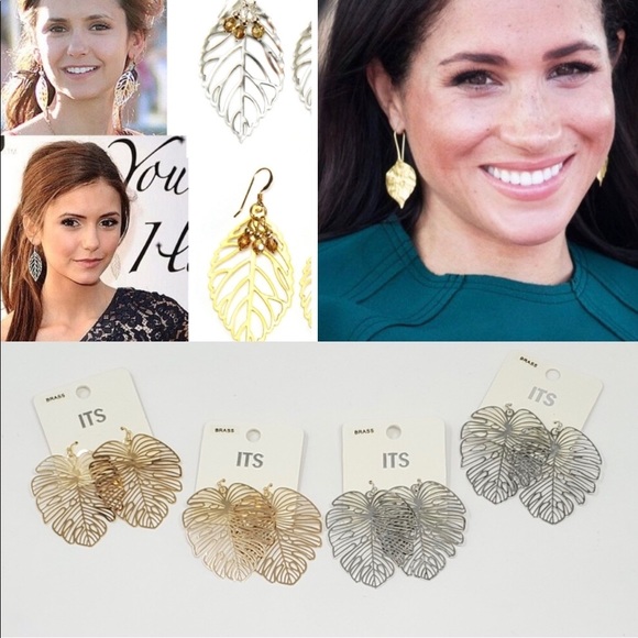 Monstera Brass Leaf Earrings New & Trending Now - Picture 2 of 3